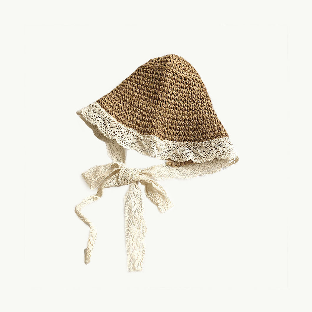 Kids Lace Strap Straw Sun Hat - Khaki
